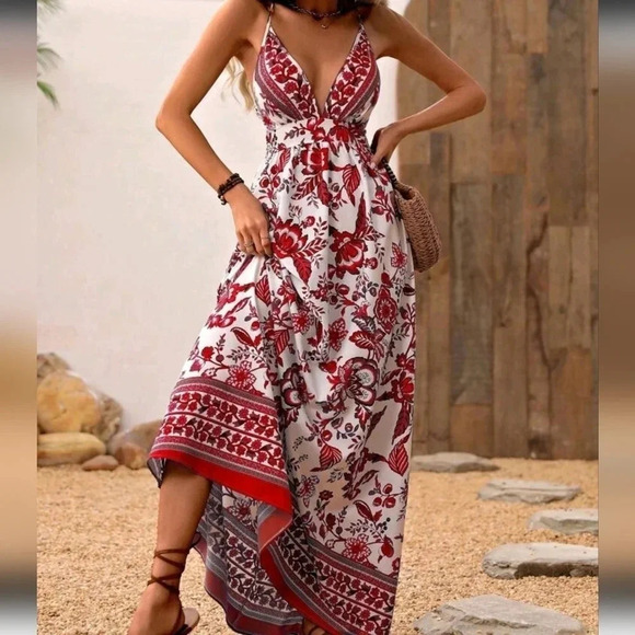 Women's Floral Printed Backless Cross Strap Summe Vacation Dress - Picture 5 of 5